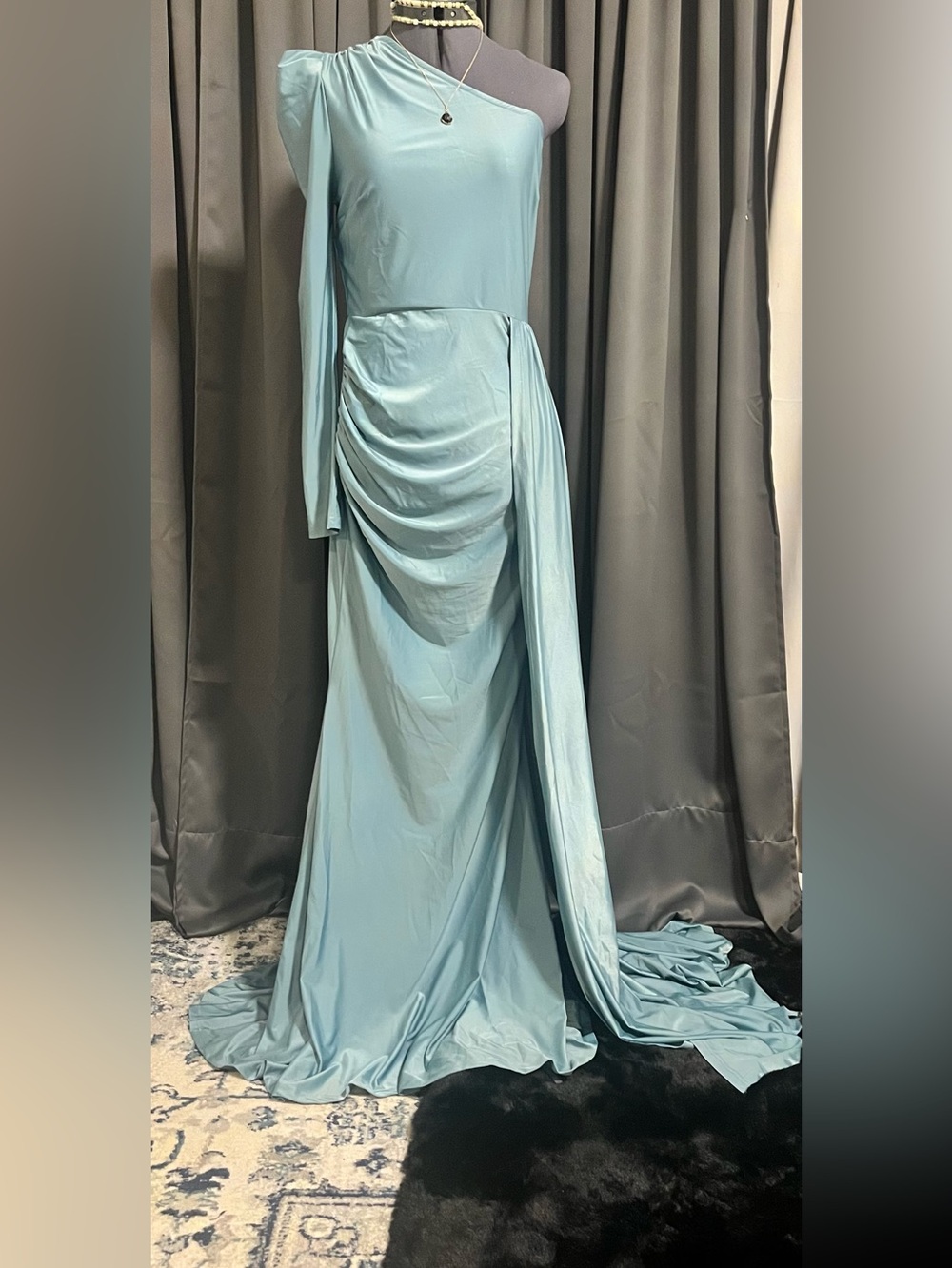One-Shoulder Light Blue Draped Evening Gown